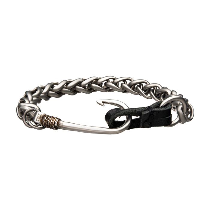 Black Leather Stainless Steel Toggle Fishing Hook Bracelet