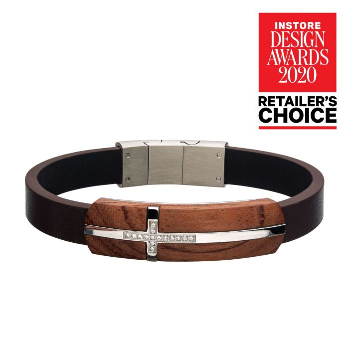 Stainless Steel and Bubinga Wood Cross Bracelet