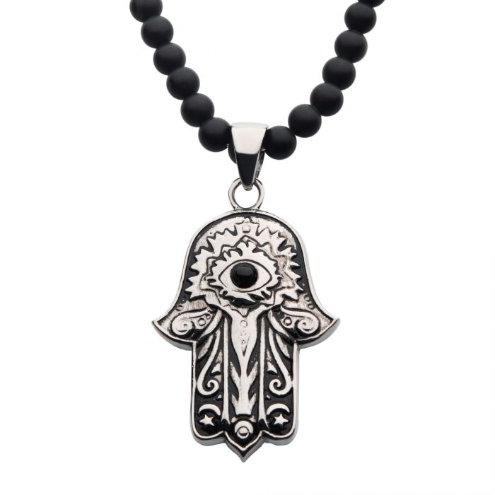 Stainless Steel Hamsa Pendant and Black Agate Necklace