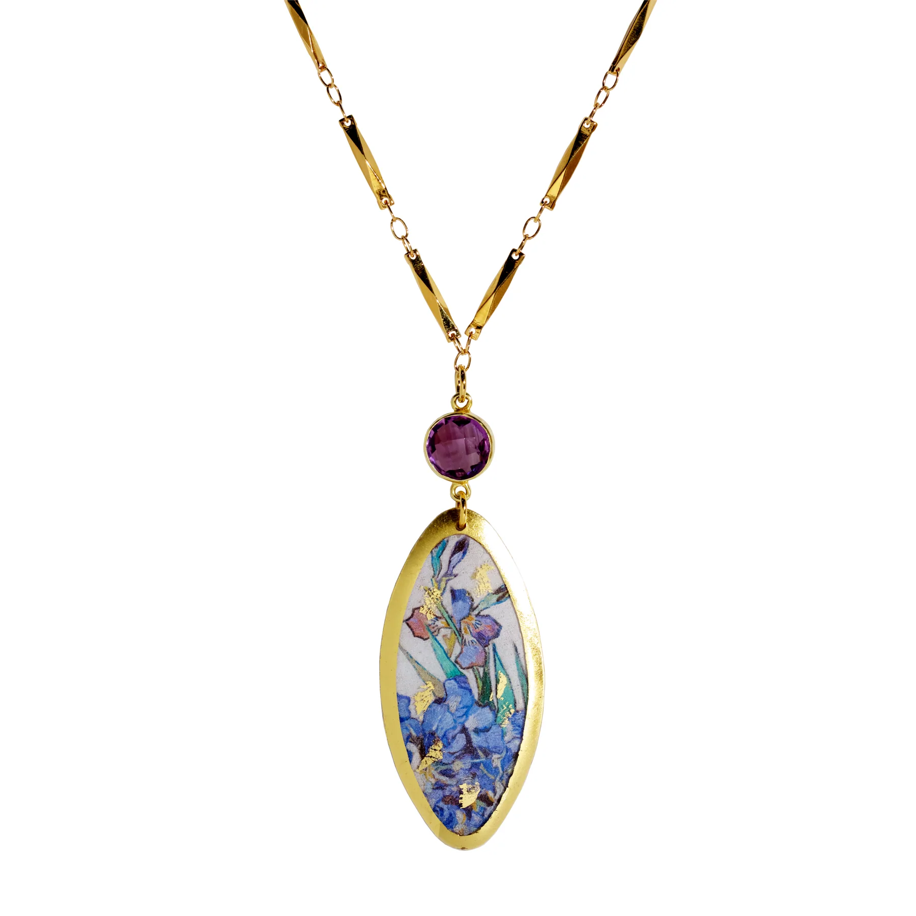 22k Gold Leaf Amethyst Iris Oval Necklace by Evocateur