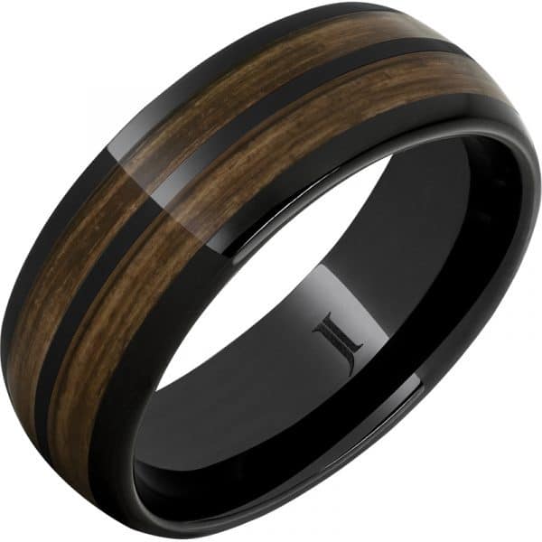Barrel Aged Black Diamond Ceramic Dome Ring with Double Bourbon Inlays