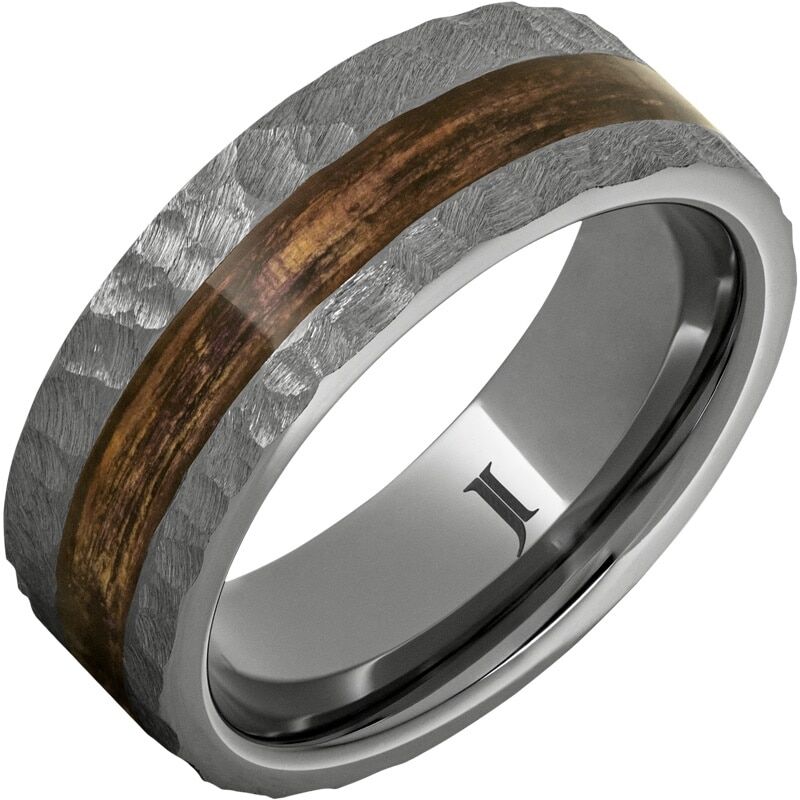 Barrel Aged Rugged Tungsten Ring with Bourbon Wood Inlay