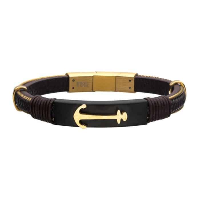 Gold Plated Anchor Bracelet in Matte Black Stainless Steel and Brown Leather