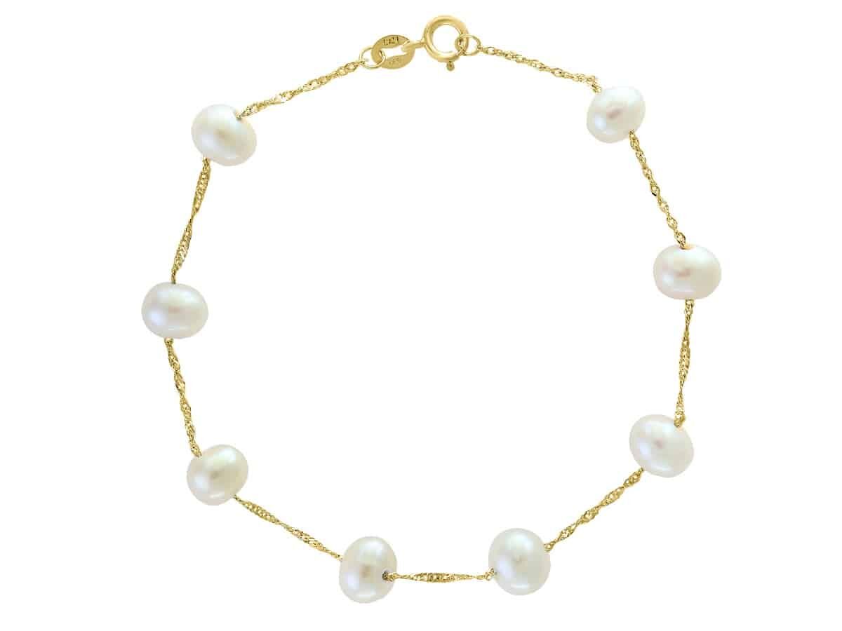 Freshwater Pearl "Tin Cup" Station Bracelet in 14k Yellow Gold