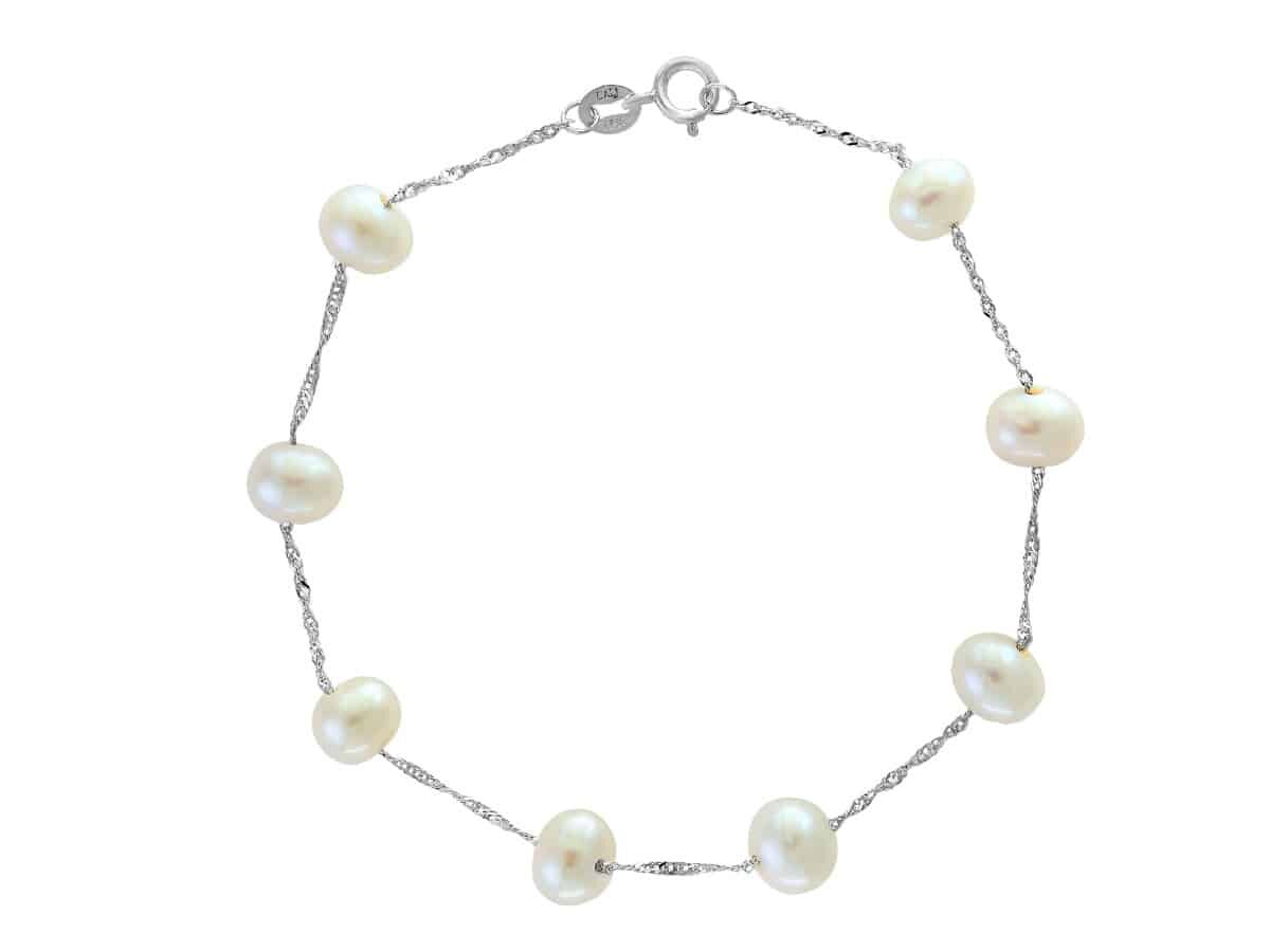 Freshwater Pearl "Tin Cup" Station Bracelet in 14k White Gold