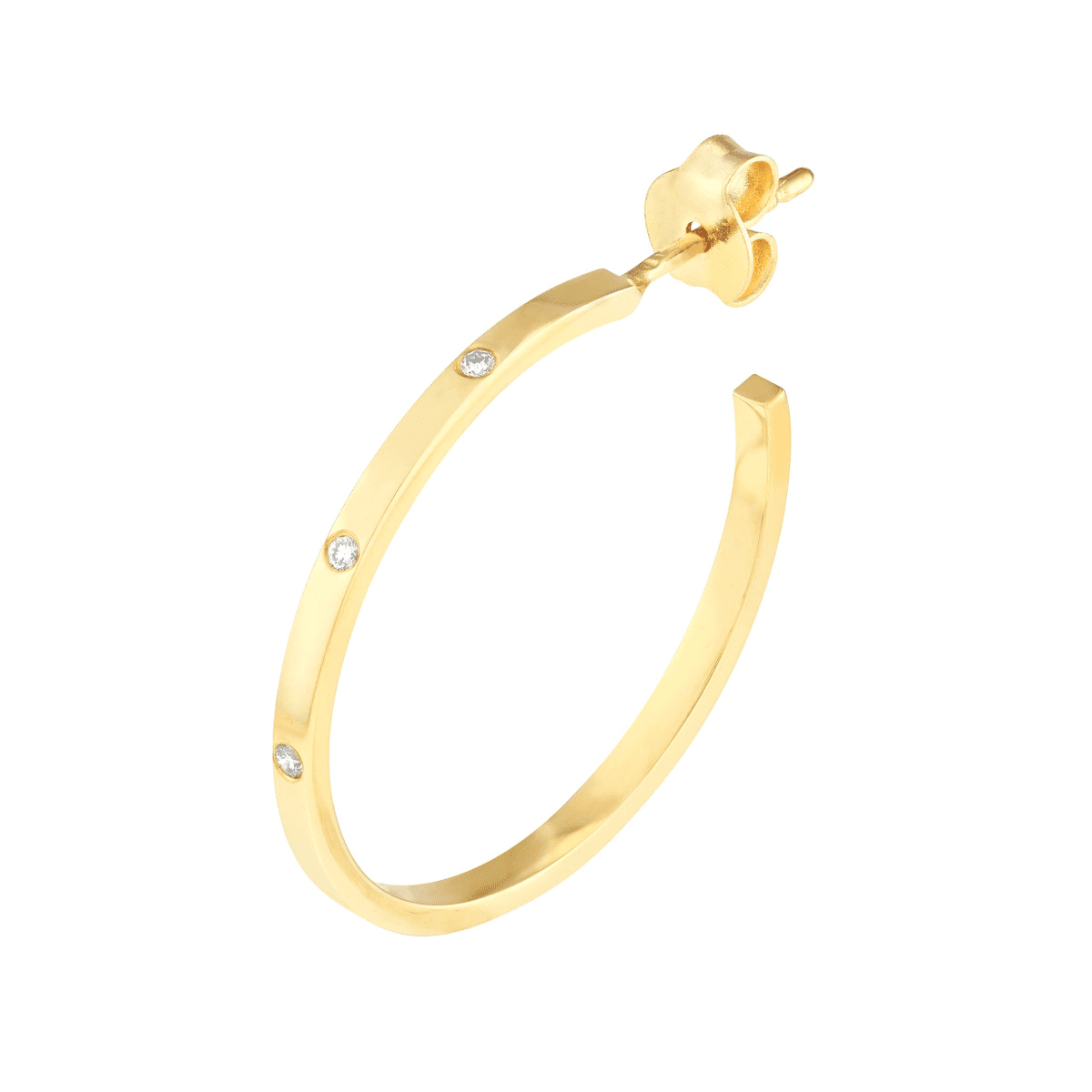A pair of yellow gold square tube hoop earrings flush set with round diamonds