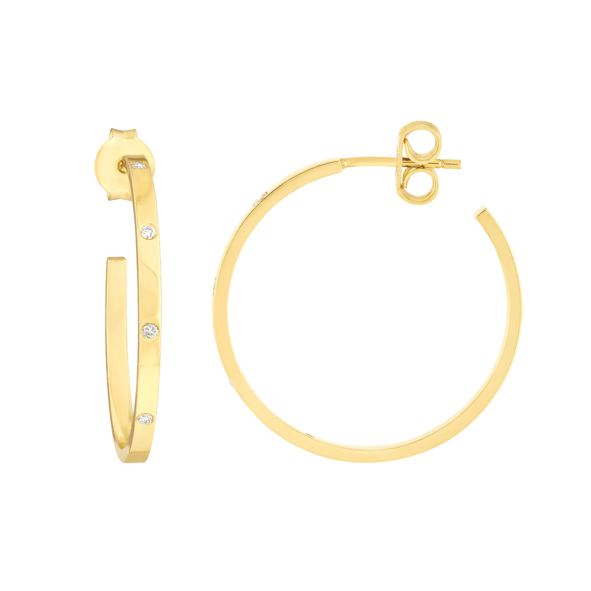 A pair of yellow gold square tube hoop earrings flush set with round diamonds