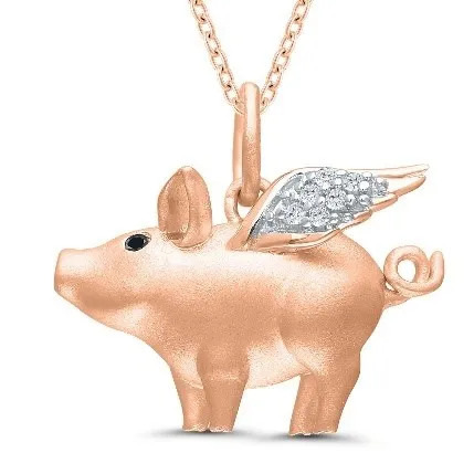 Sterling Silver and 14K Rose Gold Plated Diamond Flying Pig Necklace