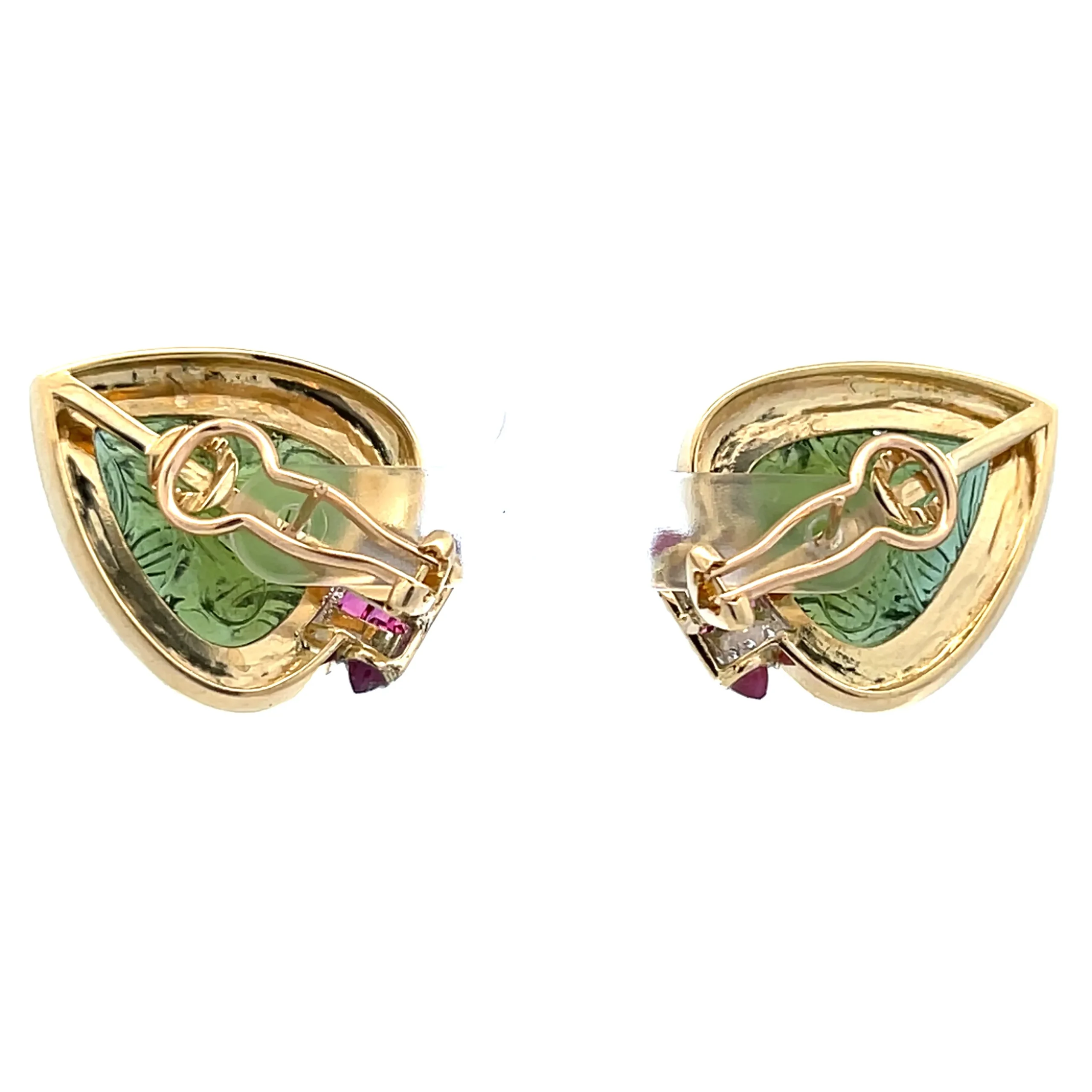 Estate 18K Yellow Gold Carved Tourmaline, Ruby & Diamond Earrings