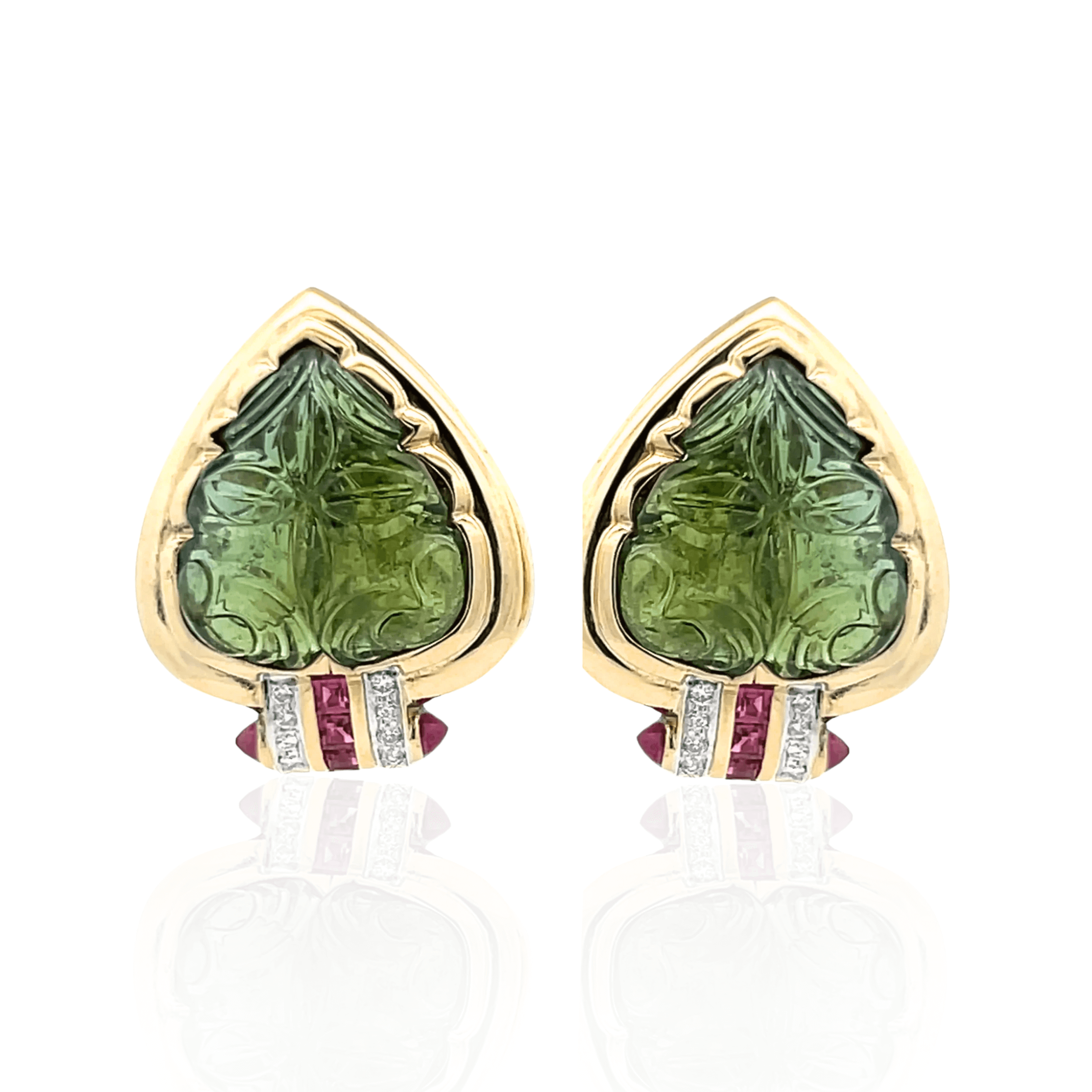 Estate 18K Yellow Gold Carved Tourmaline, Ruby & Diamond Earrings