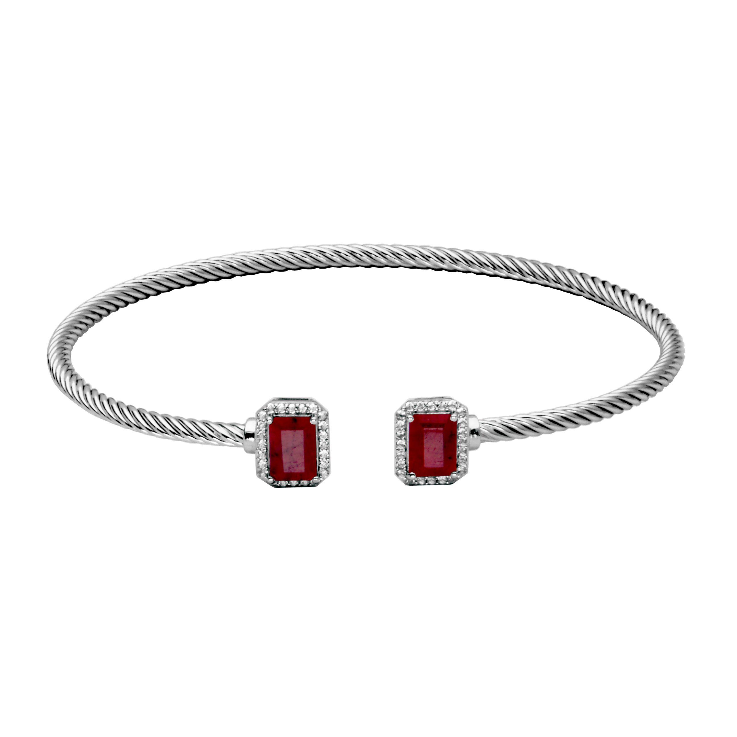 Sterling Silver Emerald Cut Dyed Red Corundum Cuff Bracelet