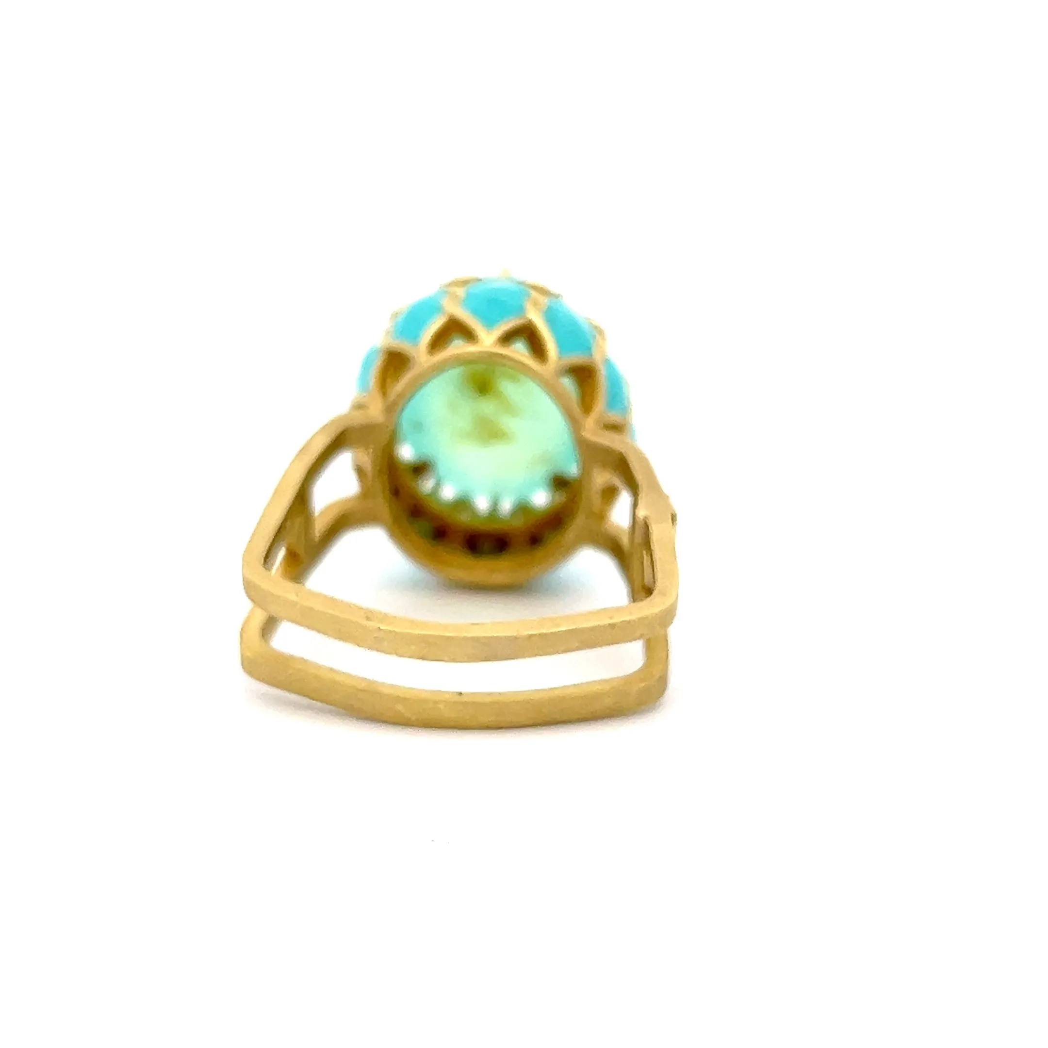 Estate 18K Yellow Gold Stambolian Oval Cabochon Fluorite, Diamond, & Enamel Ring