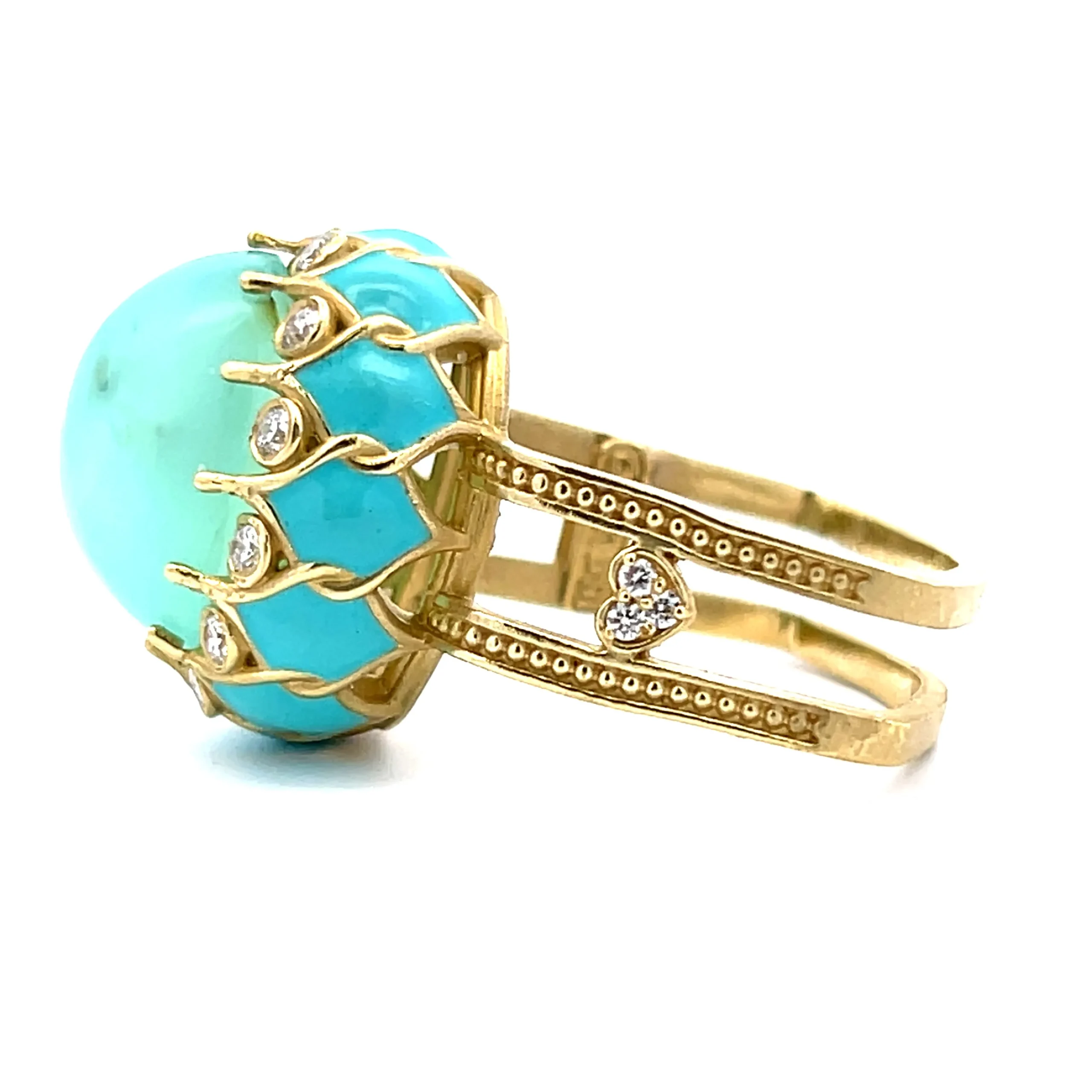 Estate 18K Yellow Gold Stambolian Oval Cabochon Fluorite, Diamond, & Enamel Ring