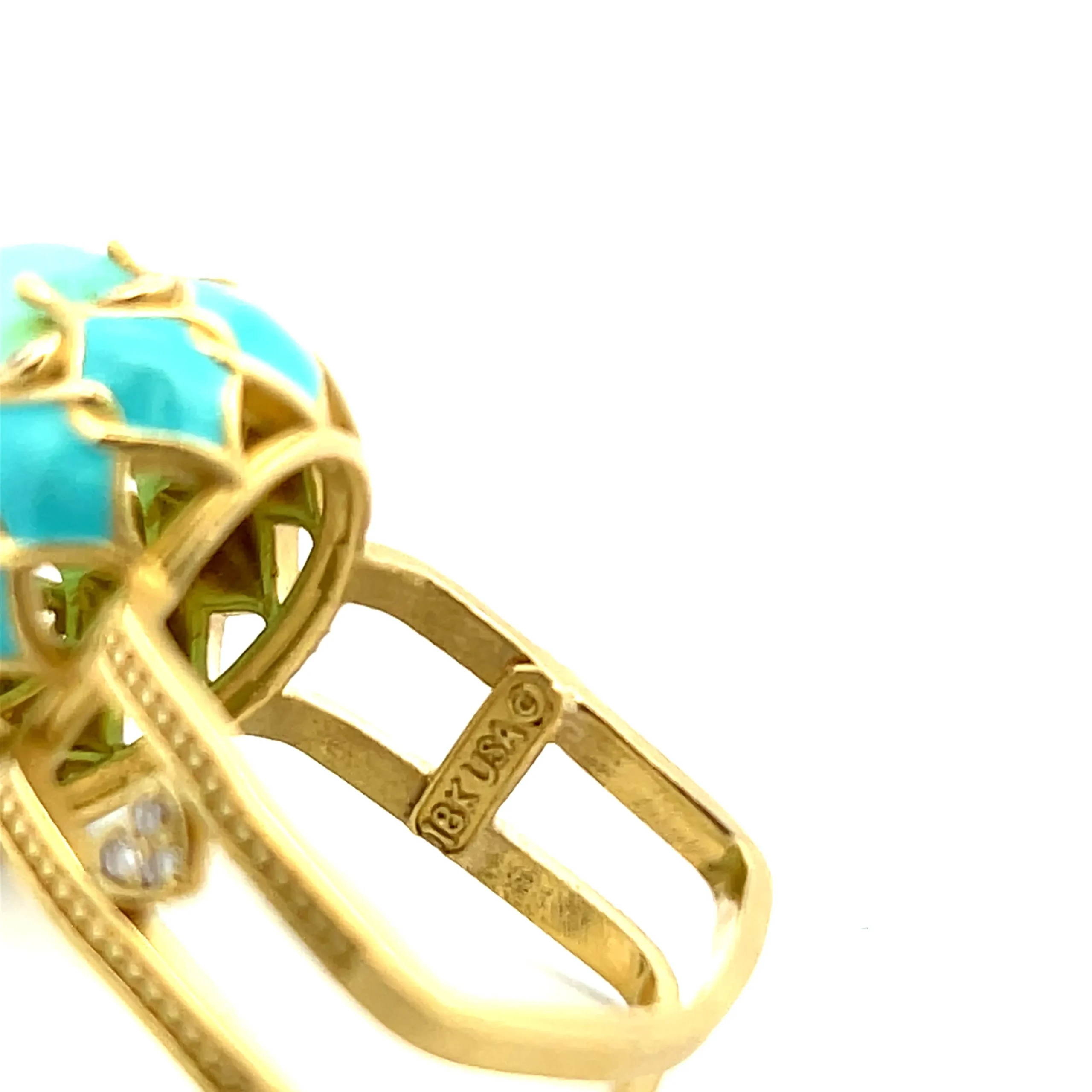 Estate 18K Yellow Gold Stambolian Oval Cabochon Fluorite, Diamond, & Enamel Ring