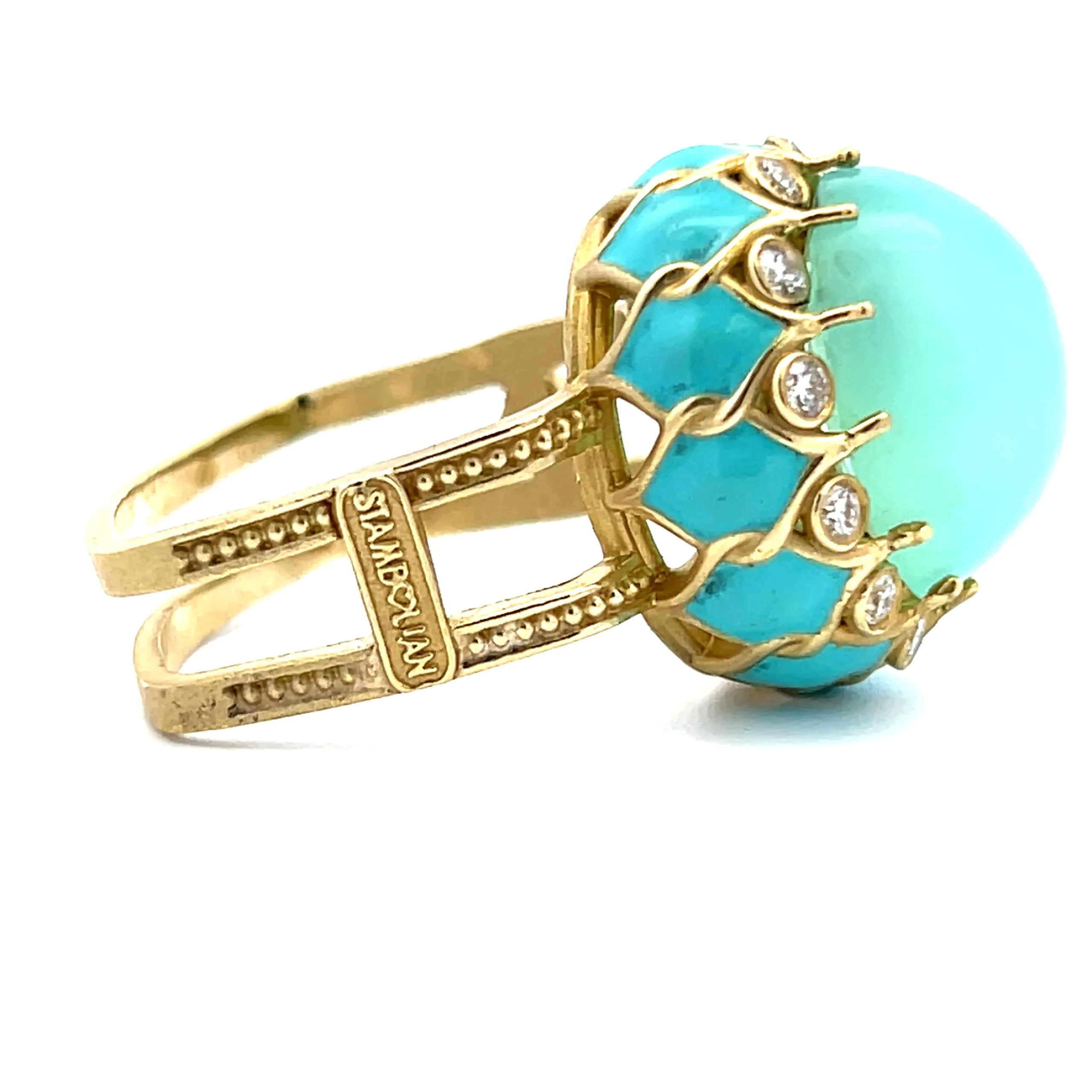 Estate 18K Yellow Gold Stambolian Oval Cabochon Fluorite, Diamond, & Enamel Ring