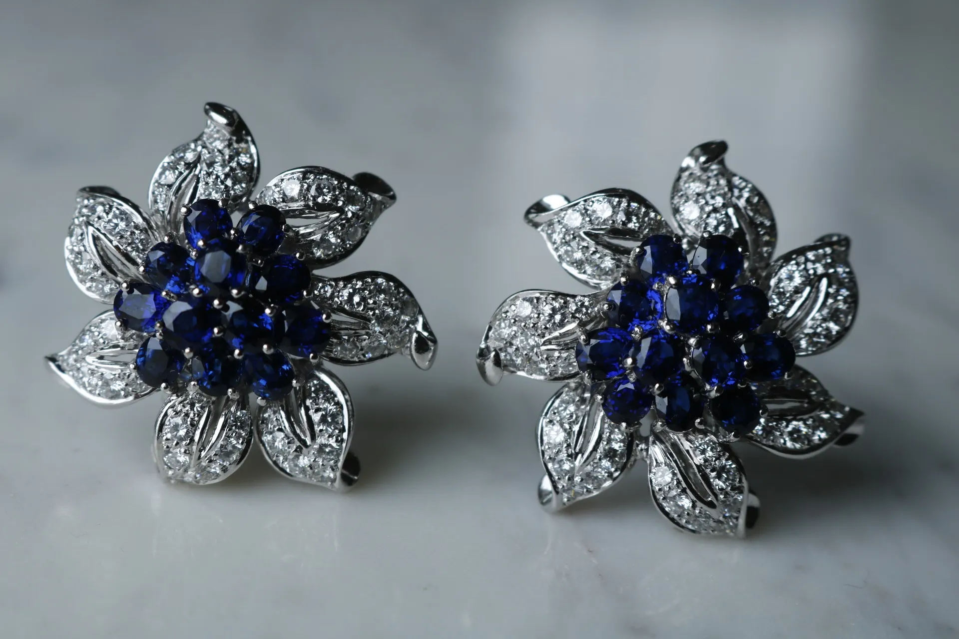 Estate 18K White Gold 11.17ctw Blue Sapphire & Diamond Vintage Flower Earrings