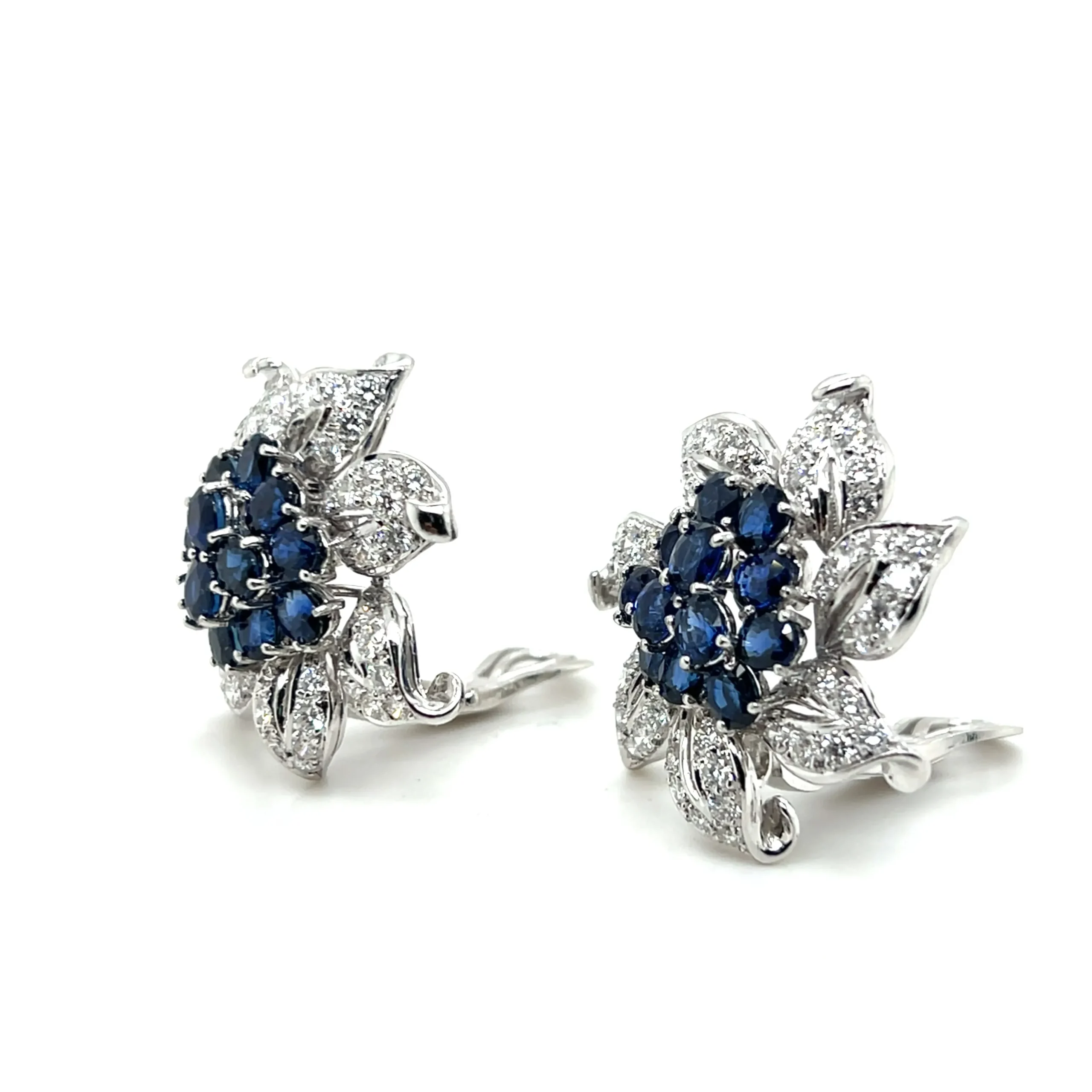 Estate 18K White Gold 11.17ctw Blue Sapphire & Diamond Vintage Flower Earrings