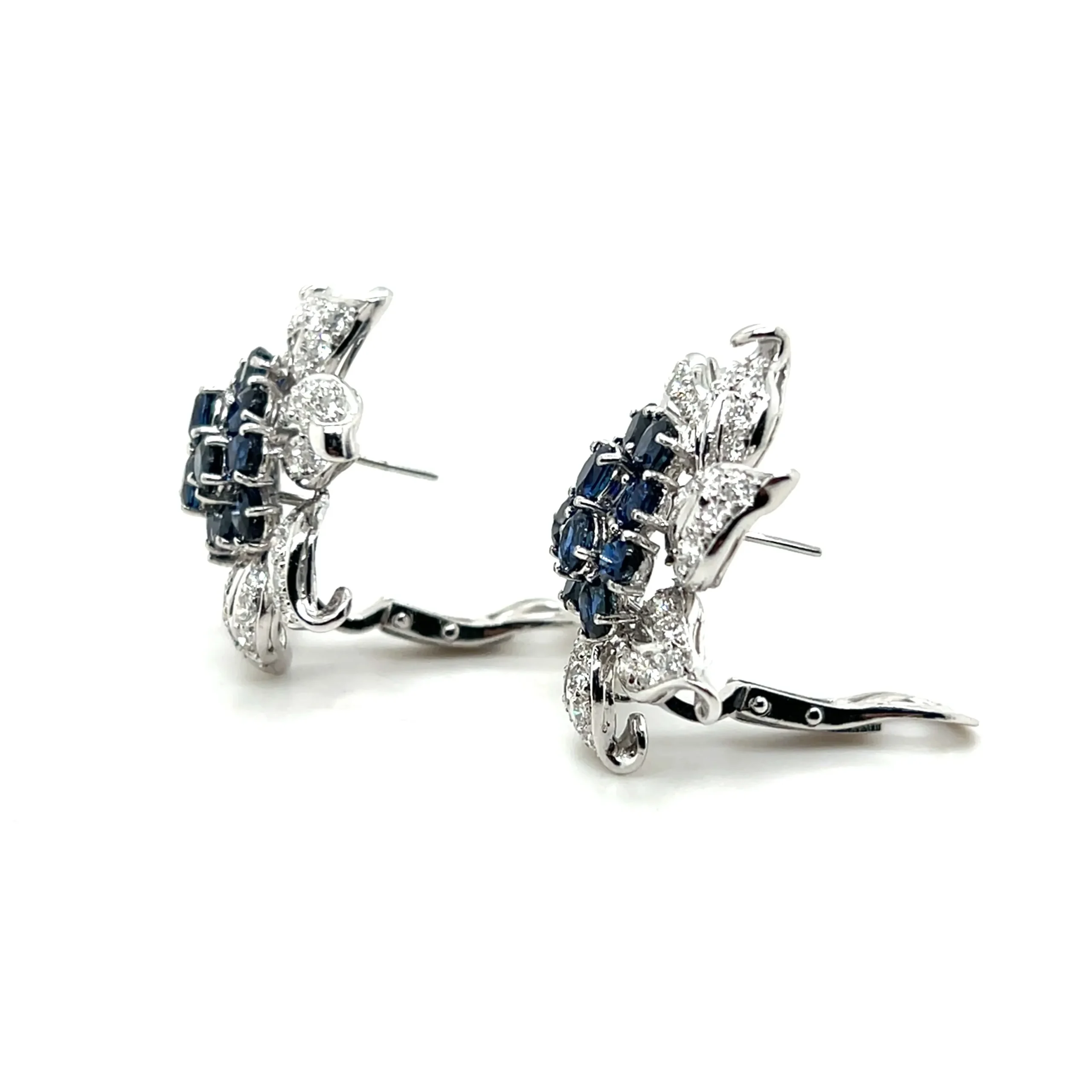 Estate 18K White Gold 11.17ctw Blue Sapphire & Diamond Vintage Flower Earrings