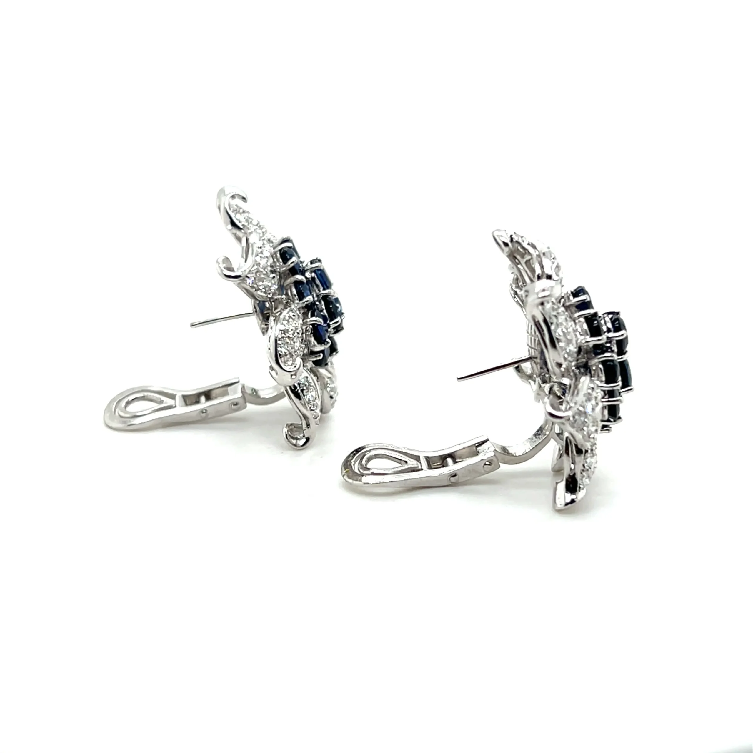 Estate 18K White Gold 11.17ctw Blue Sapphire & Diamond Vintage Flower Earrings