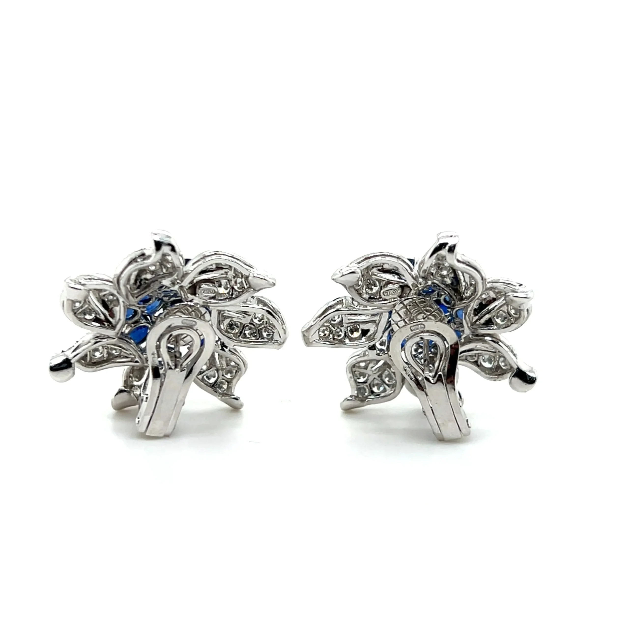 Estate 18K White Gold 11.17ctw Blue Sapphire & Diamond Vintage Flower Earrings
