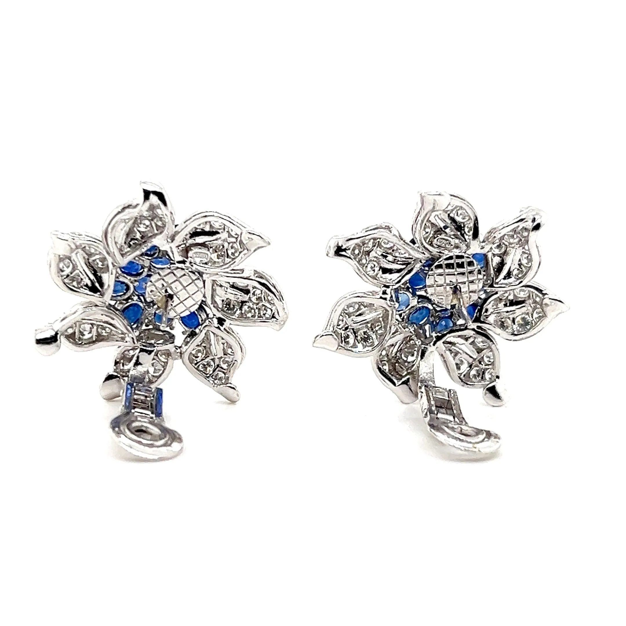 Estate 18K White Gold 11.17ctw Blue Sapphire & Diamond Vintage Flower Earrings
