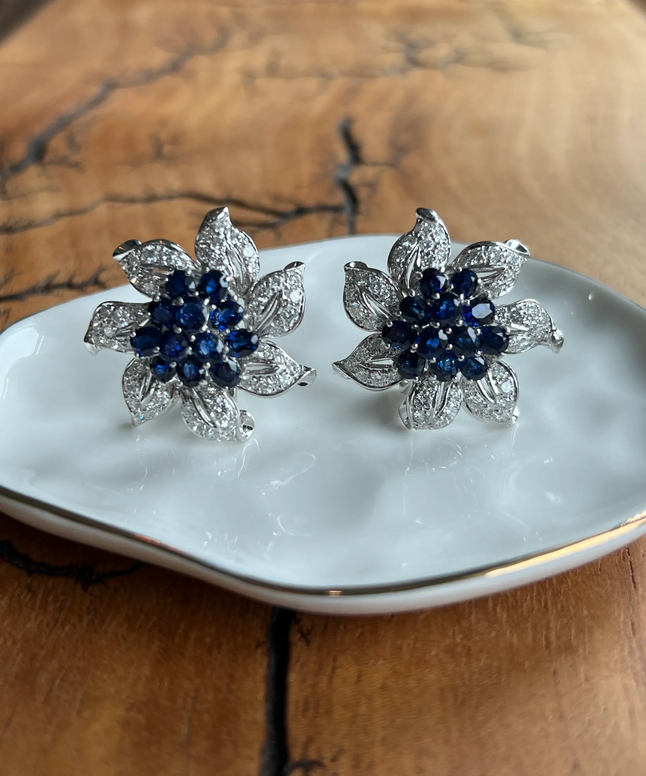 Estate 18K White Gold 11.17ctw Blue Sapphire & Diamond Vintage Flower Earrings