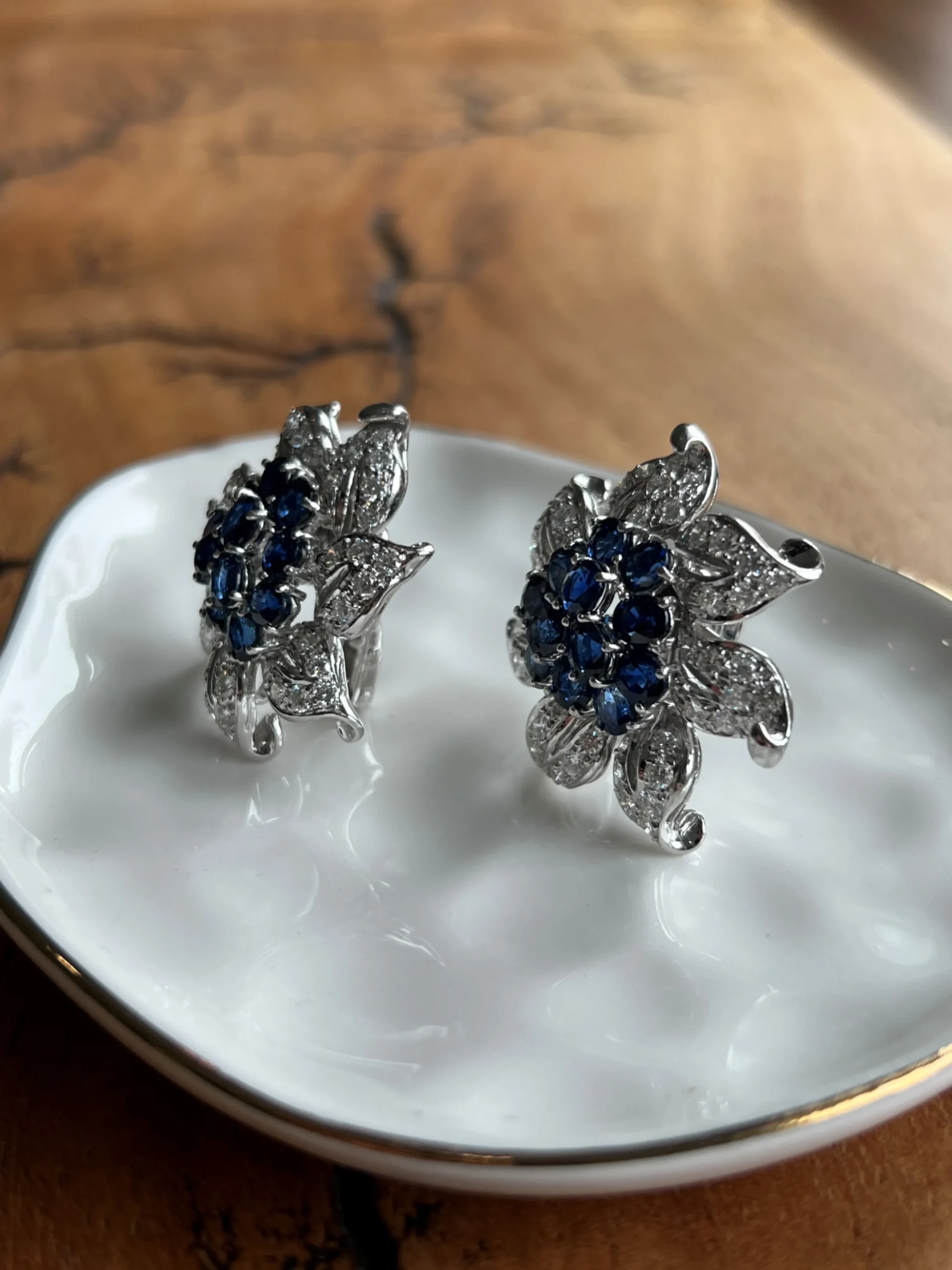 Estate 18K White Gold 11.17ctw Blue Sapphire & Diamond Vintage Flower Earrings