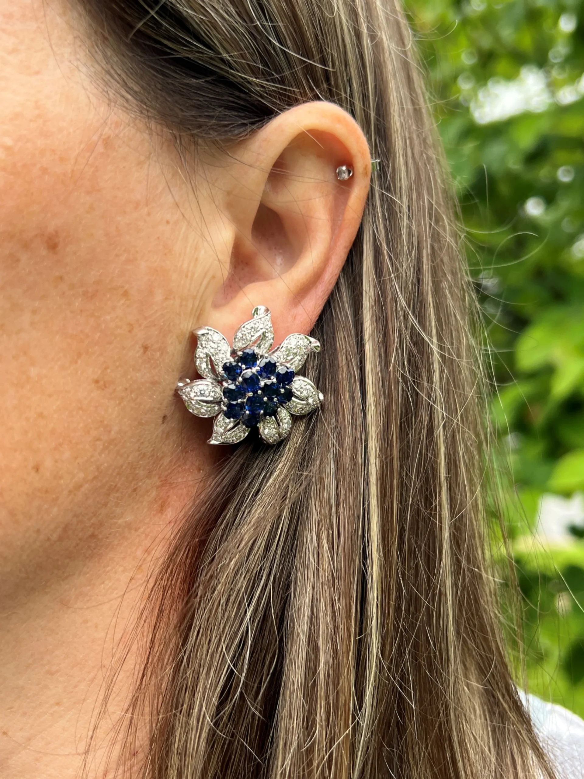 Estate 18K White Gold 11.17ctw Blue Sapphire & Diamond Vintage Flower Earrings