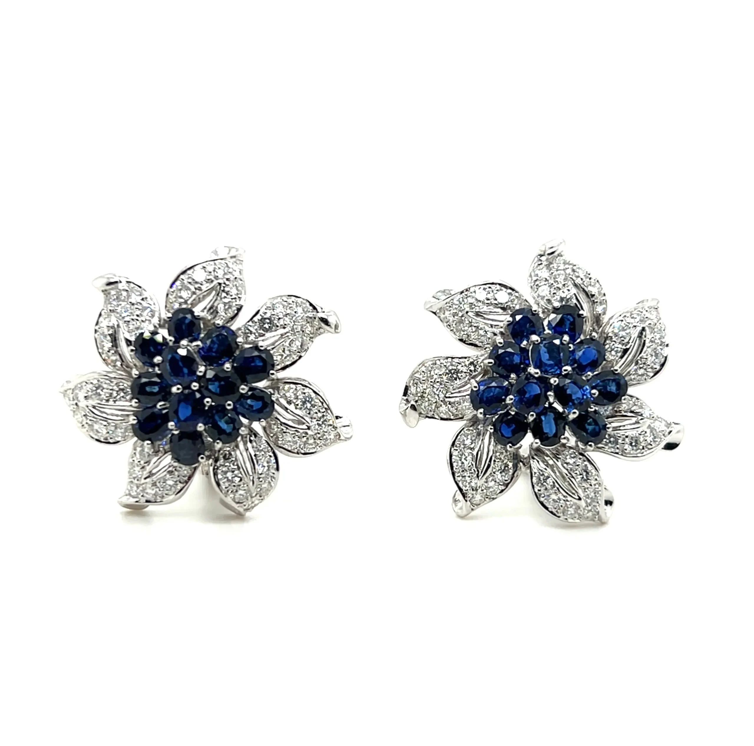 Estate 18K White Gold 11.17ctw Blue Sapphire & Diamond Vintage Flower Earrings
