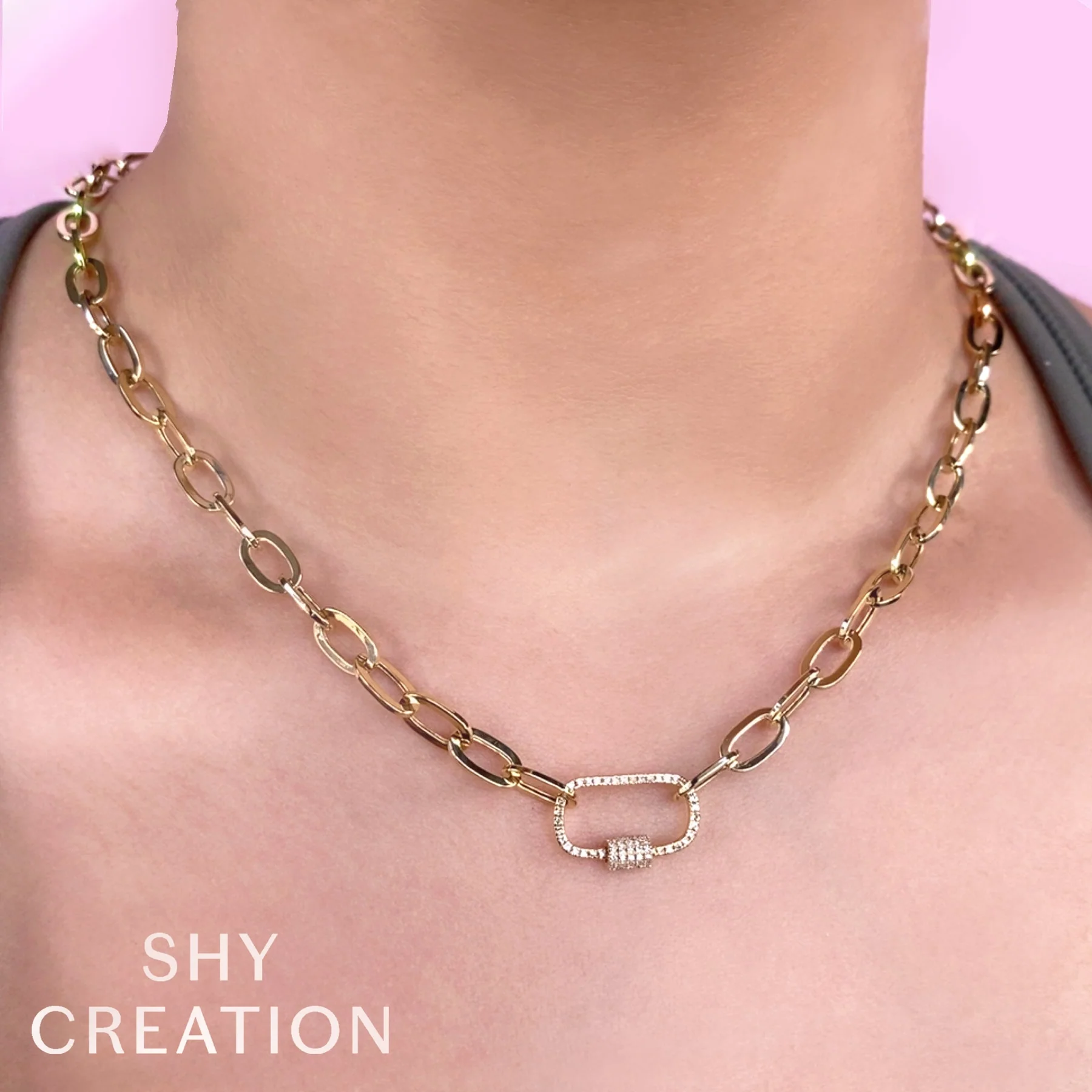 14K Yellow Gold 0.23ctw Diamond Carabiner Clasp Paperclip Chain Necklace by Shy Creation