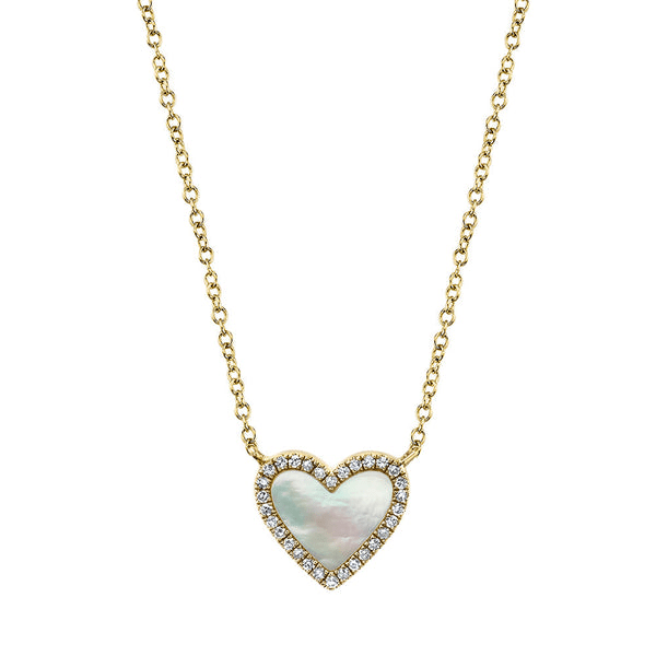14k Yellow Gold Mother of Pearl and Diamond Heart Necklace by Shy Creation
