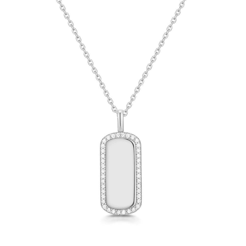 Sterling Silver Cubic Zirconia Dog Tag Pendant Necklace