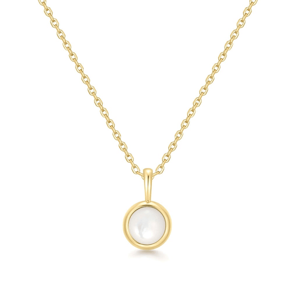 14K Yellow Gold Plated Round Mother of Pearl Pendant Necklace