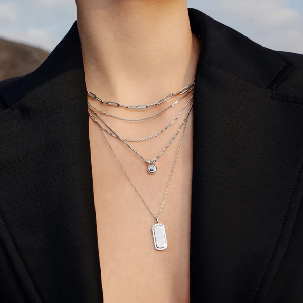 Sterling Silver Cubic Zirconia Dog Tag Pendant Necklace