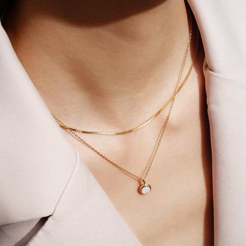 14K Yellow Gold Plated Round Mother of Pearl Pendant Necklace