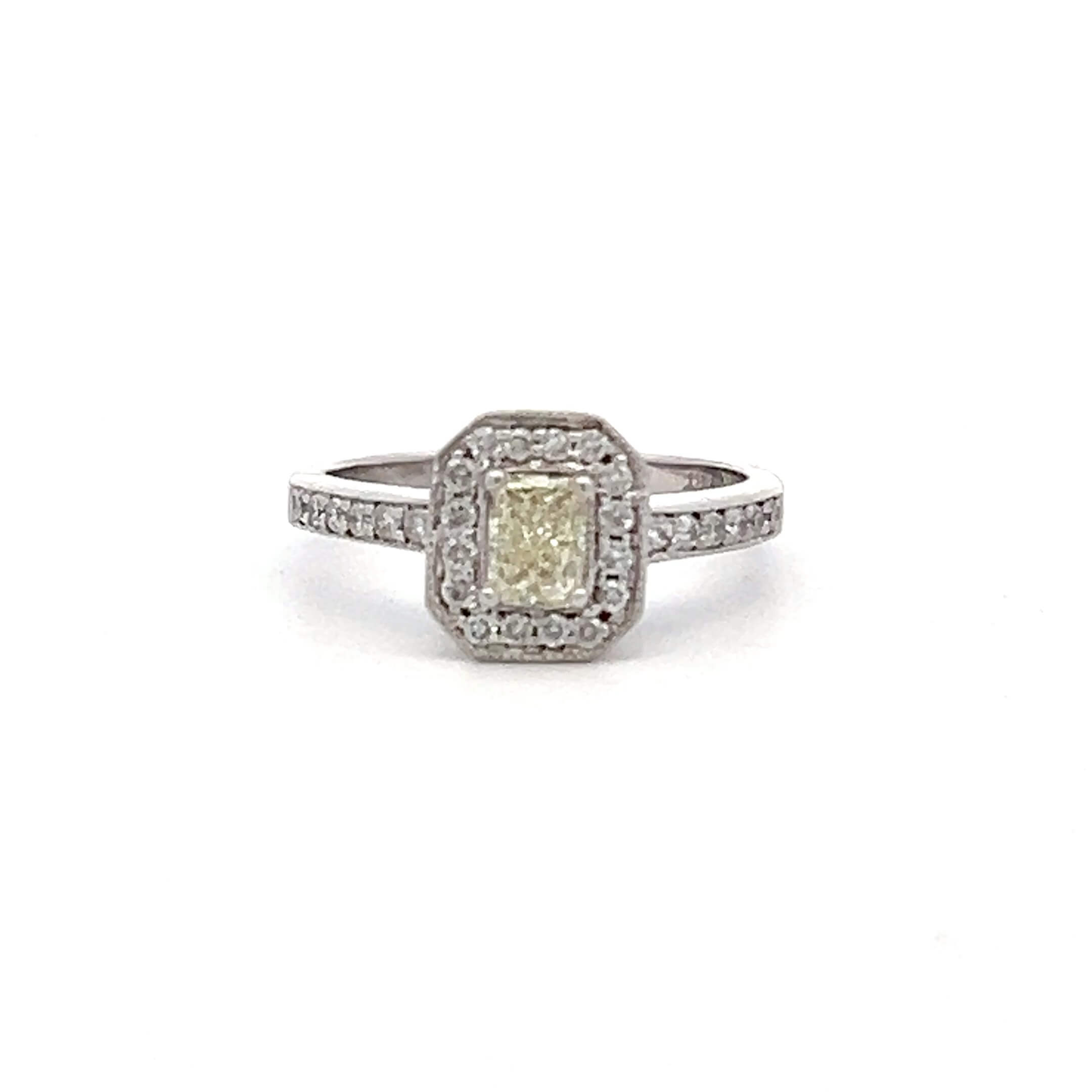 Estate 14K White Gold Radiant-Cut Yellow Diamond & White Diamond Halo Engagement Ring