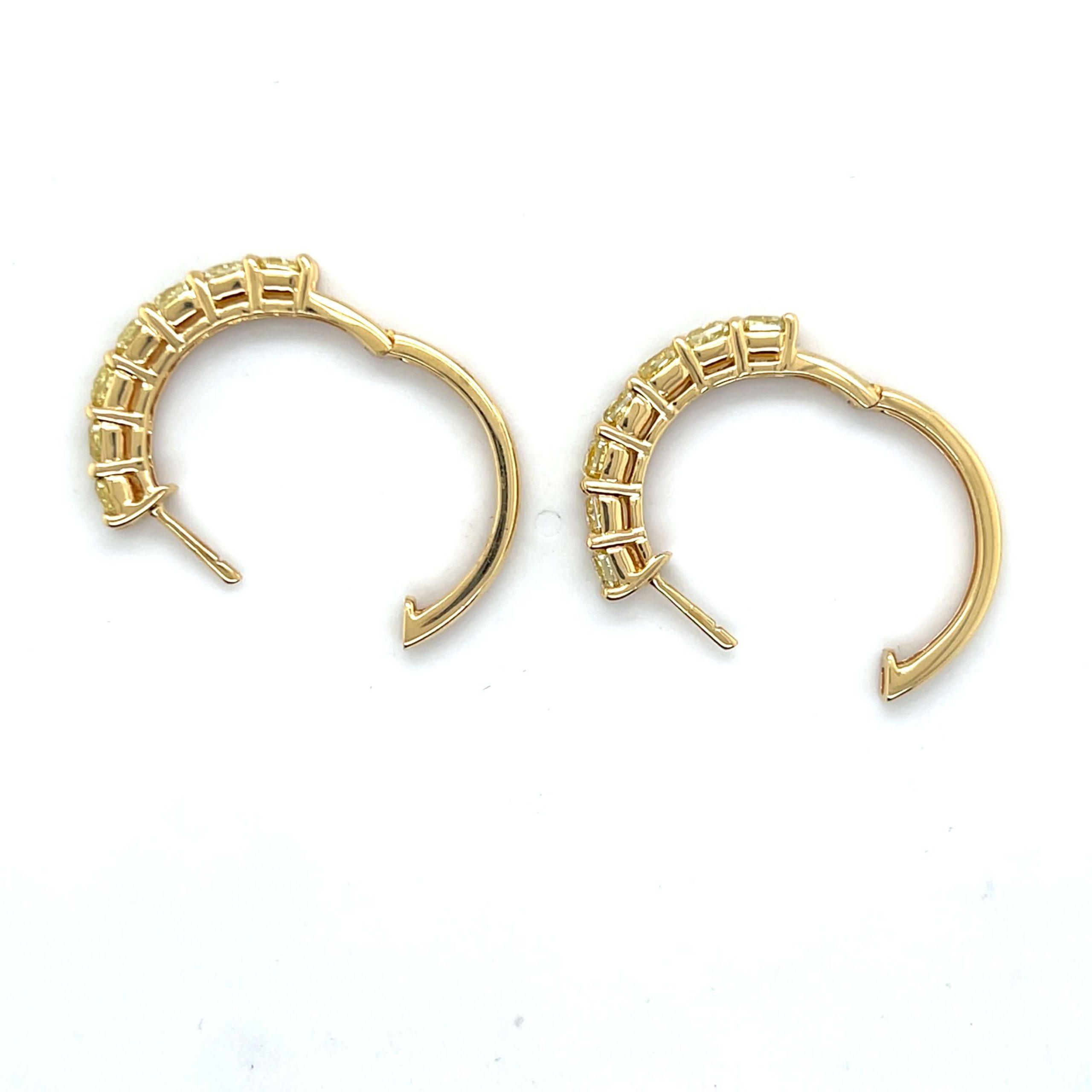 Estate 18K Yellow Gold 3.08ctw Cushion Yellow Diamond Hoop Earrings
