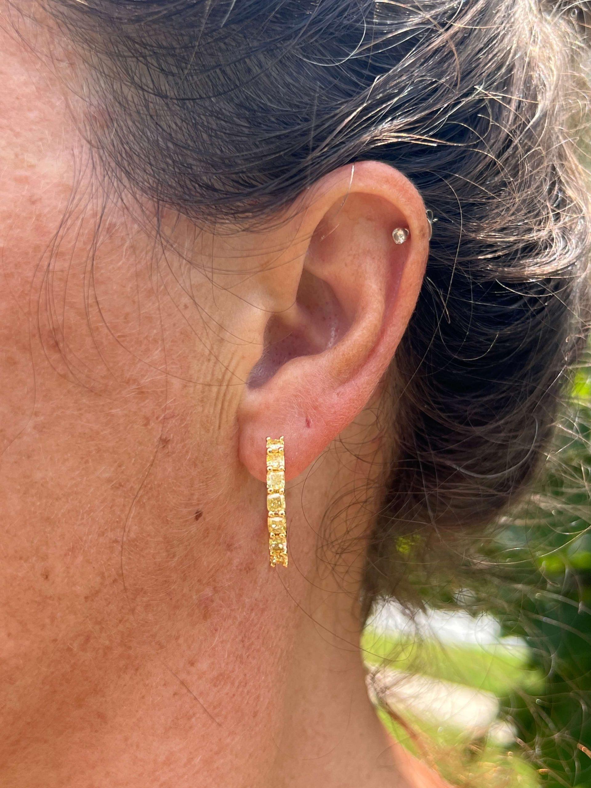 Estate 18K Yellow Gold 3.08ctw Cushion Yellow Diamond Hoop Earrings
