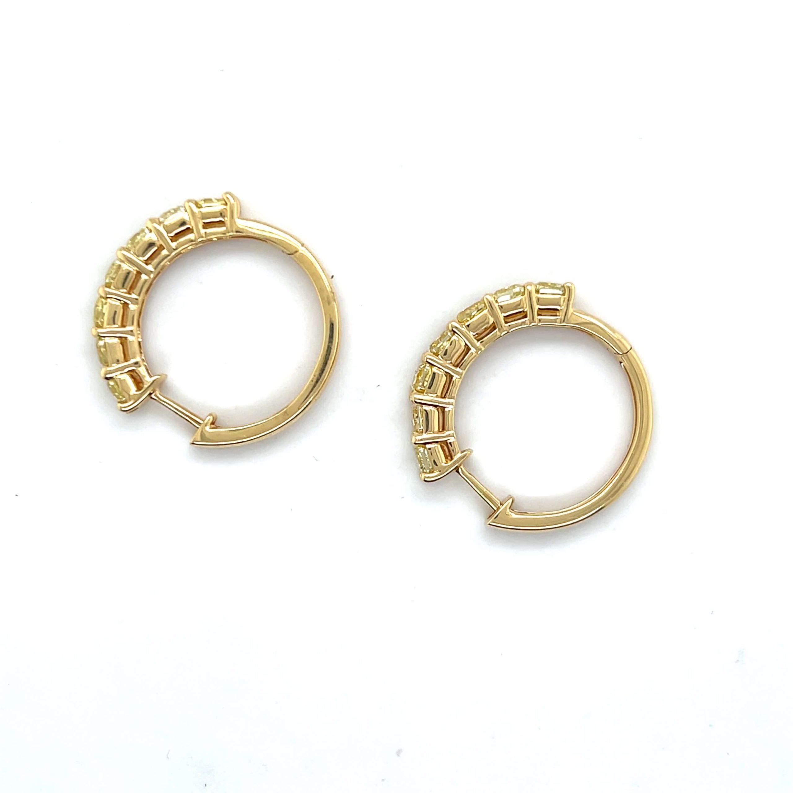 Estate 18K Yellow Gold 3.08ctw Cushion Yellow Diamond Hoop Earrings