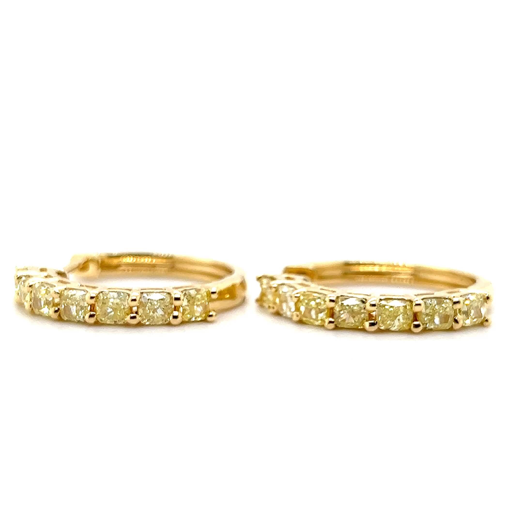 Estate 18K Yellow Gold 3.08ctw Cushion Yellow Diamond Hoop Earrings