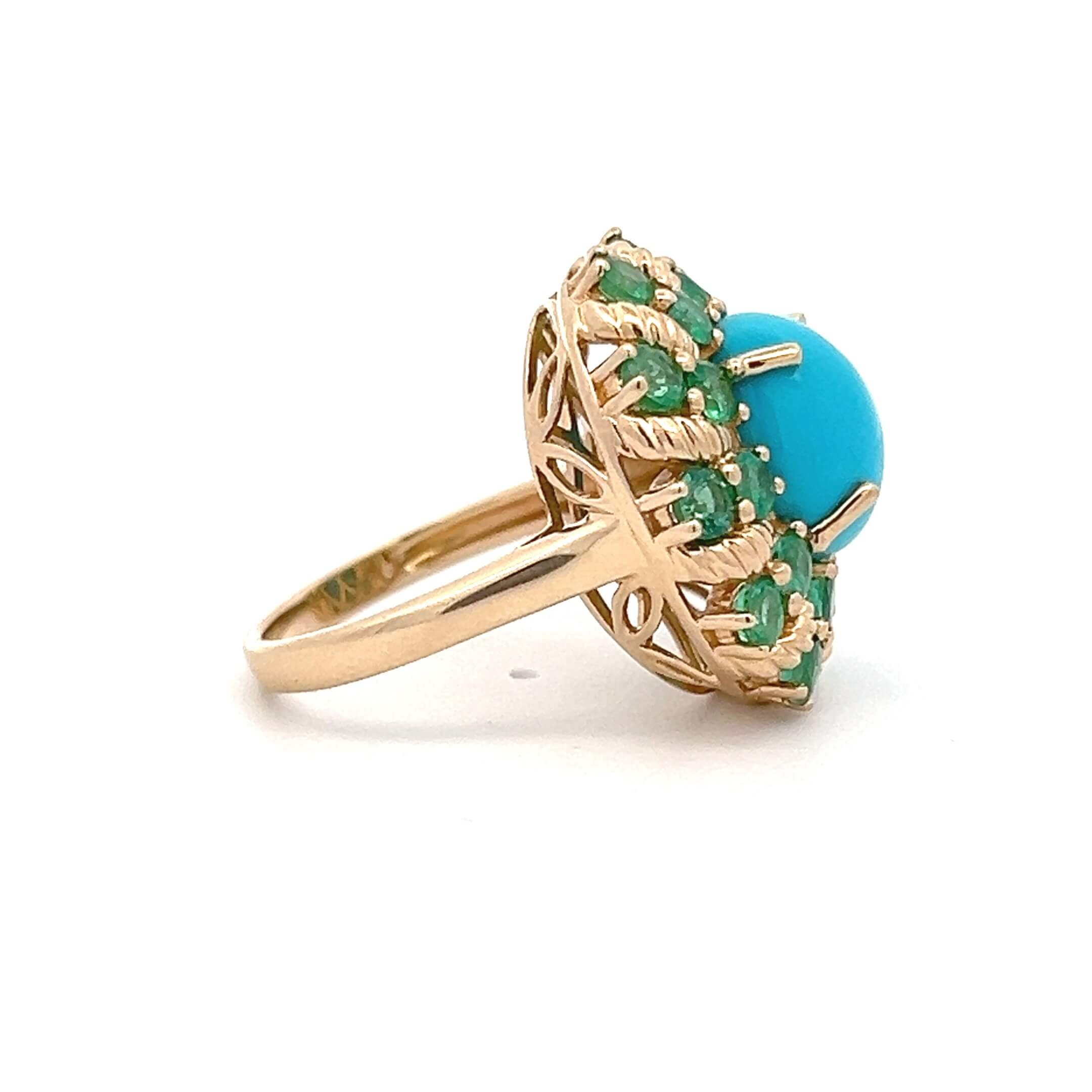 Estate 14K Yellow Gold Oval Blue Chalcedony & Emerald Ring