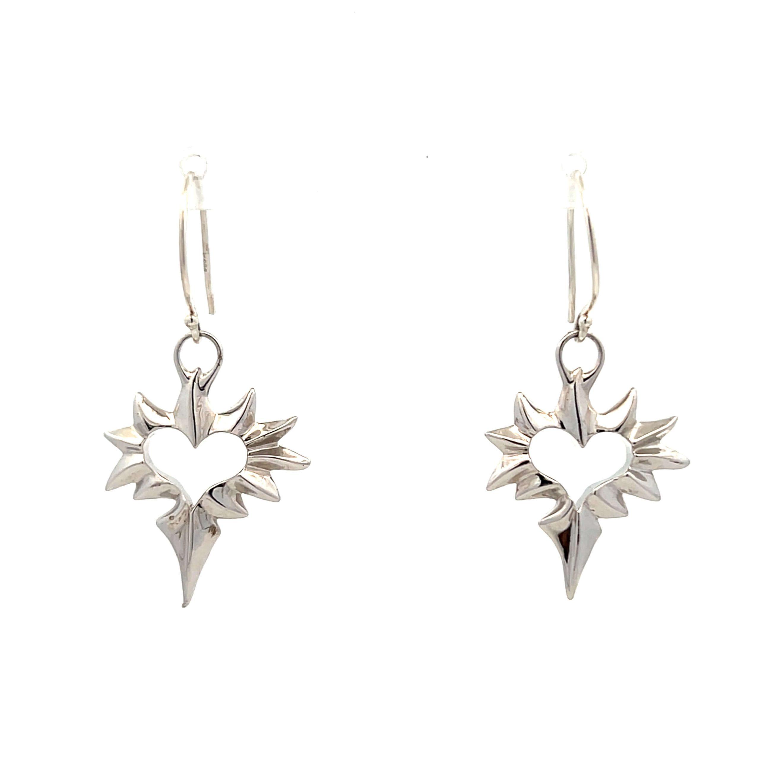 Estate Sterling Silver Starburst Heart Dangle Earrings