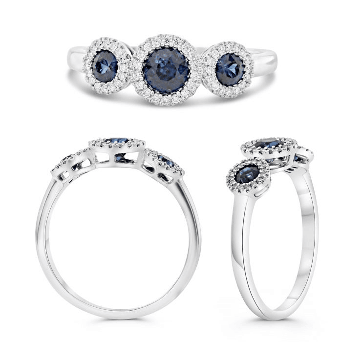 14K White Gold 0.70ctw Blue Sapphire Three-Stone Band with Diamond Halos