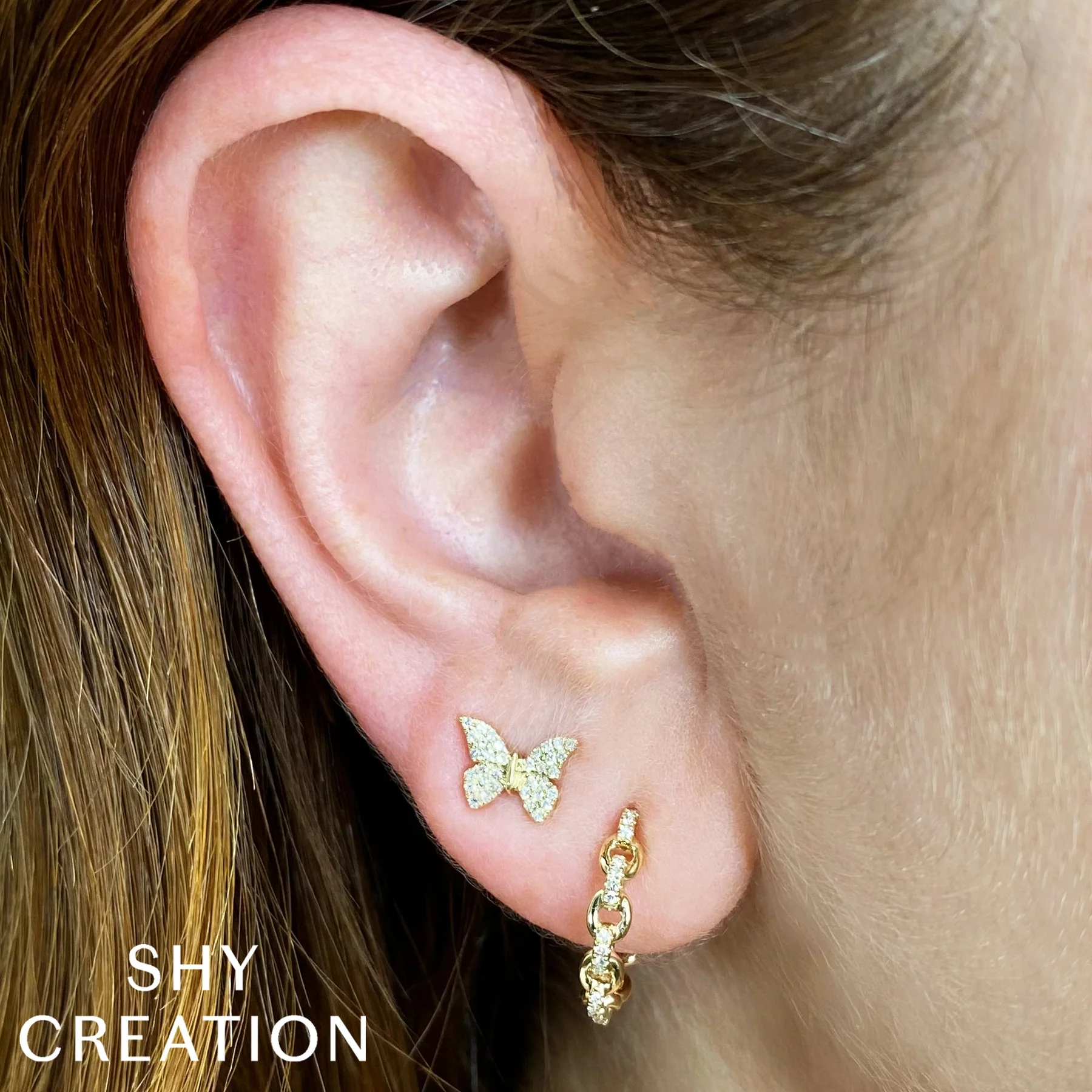 14K Yellow Gold 0.15ctw Diamond Butterfly Stud Earrings by Shy Creation