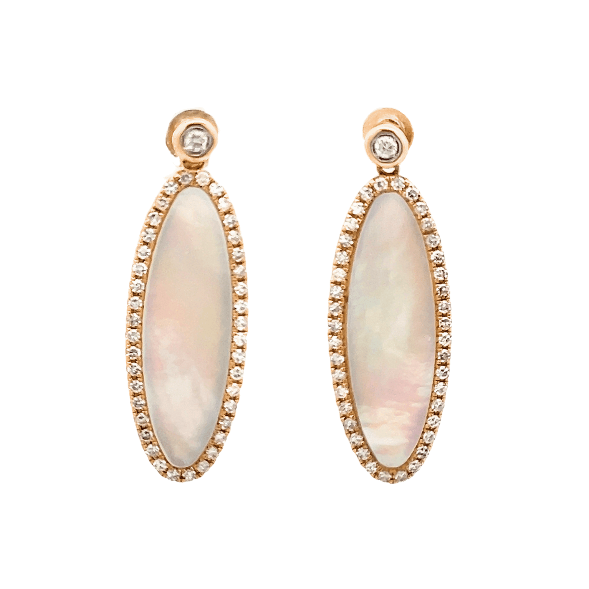 14K Yellow Gold Oval Mother of Pearl & Diamond Drop Earrings