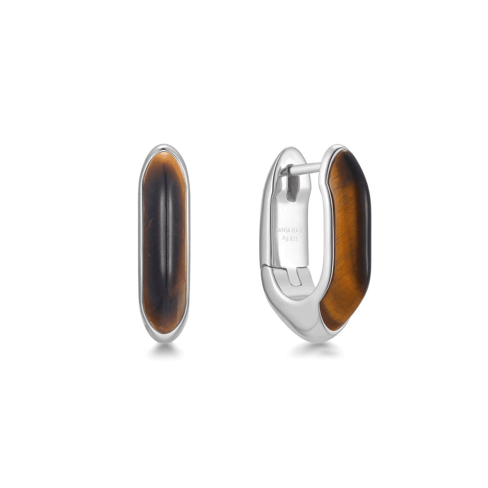Sterling Silver Tiger Eye Huggie Hoop Earrings by Ania Haie