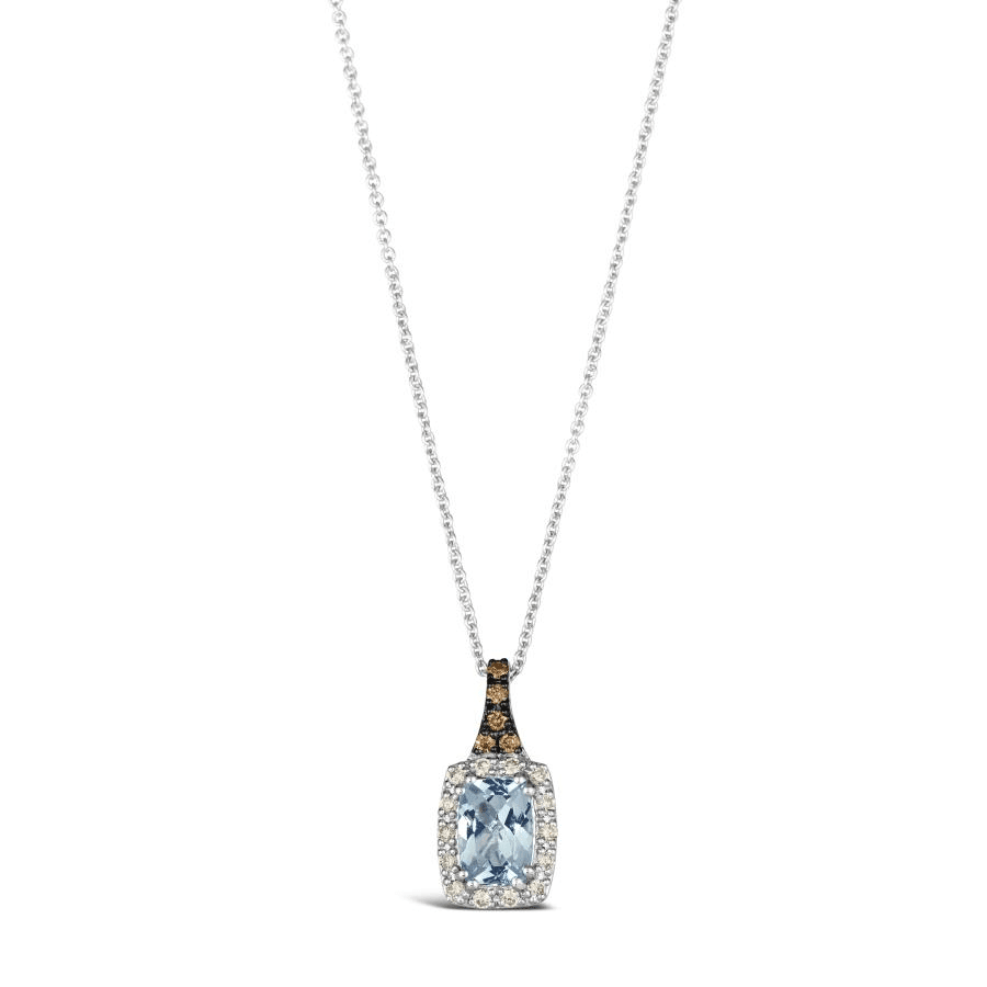 14K White Gold Cushion Aquamarine & Diamond Halo Pendant Necklace by Le Vian