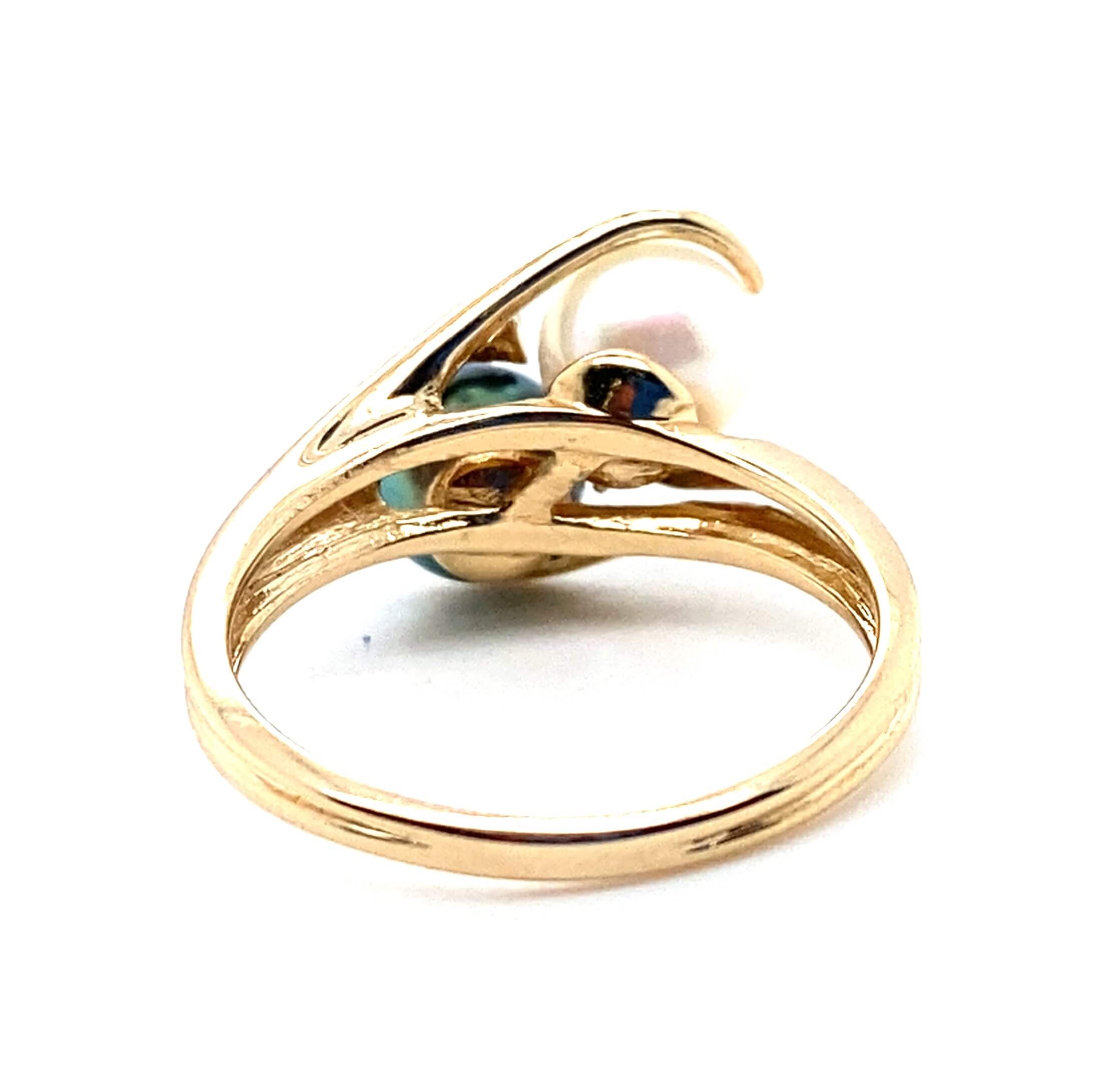 Estate 14K Yellow Gold Black & White Pearl Bypass Ring with Diamond Accents