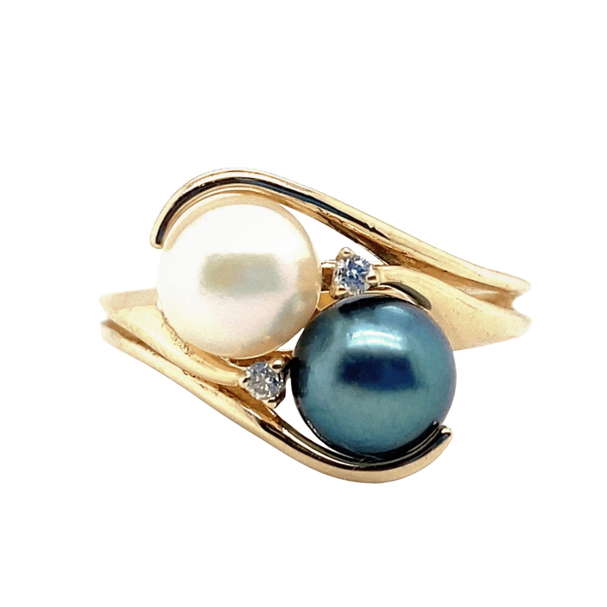 Estate 14K Yellow Gold Black & White Pearl Bypass Ring with Diamond Accents