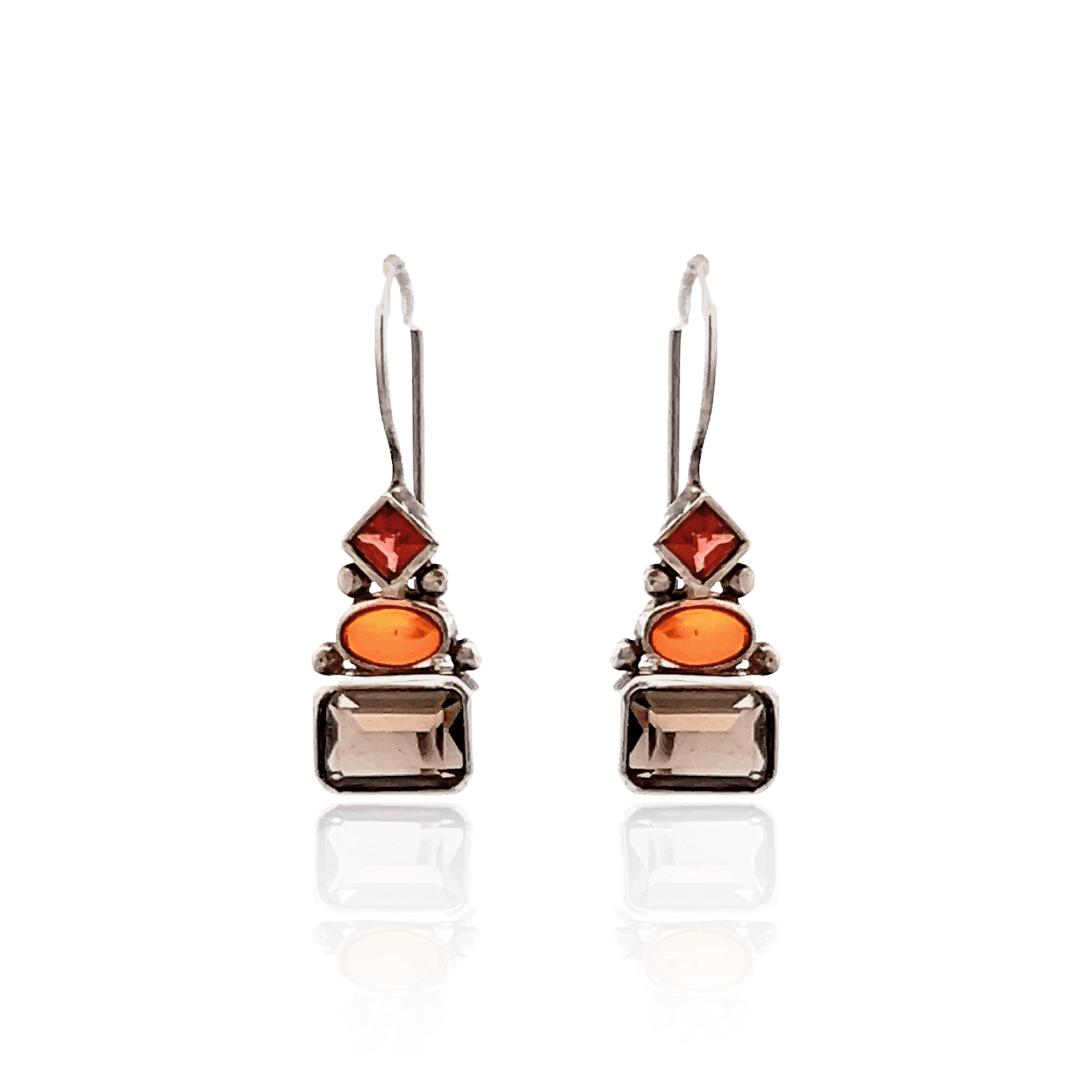 Estate Sterling Silver Amber, Smoky Quartz & Garnet Earrings
